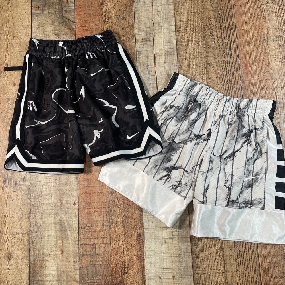 Nike Kids XS Black White Marble Pinstripe Dri-FIT Basketball Shorts Bundle 2pk